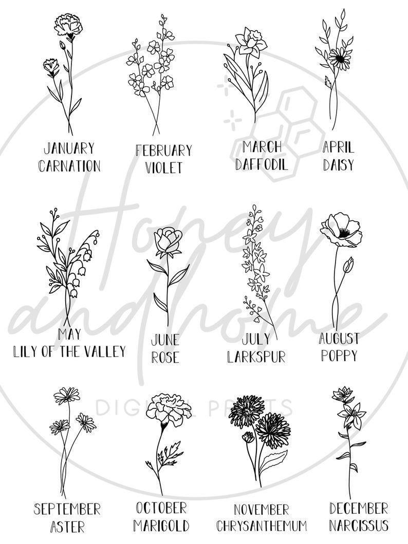 Minimalist Flower Art Birth Flower Tattoo Customizable Birth Etsy