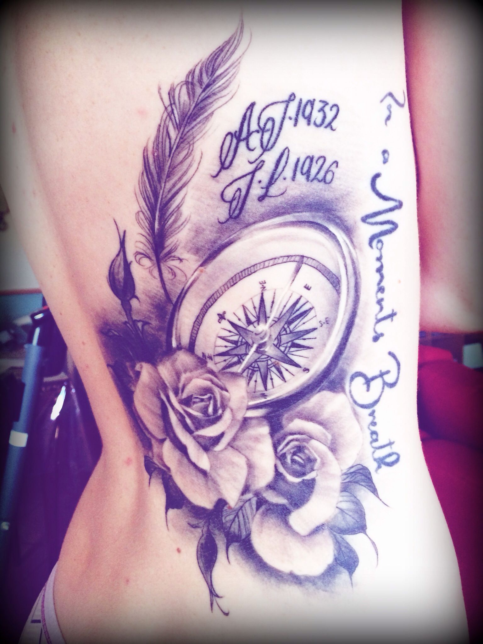 My Tattoo For My Grandparents Compass Roses And Feathers Memorial