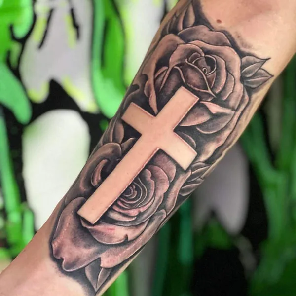 Negative Space Cross With Woodgrain Design Mens Forearm Band Tattoo