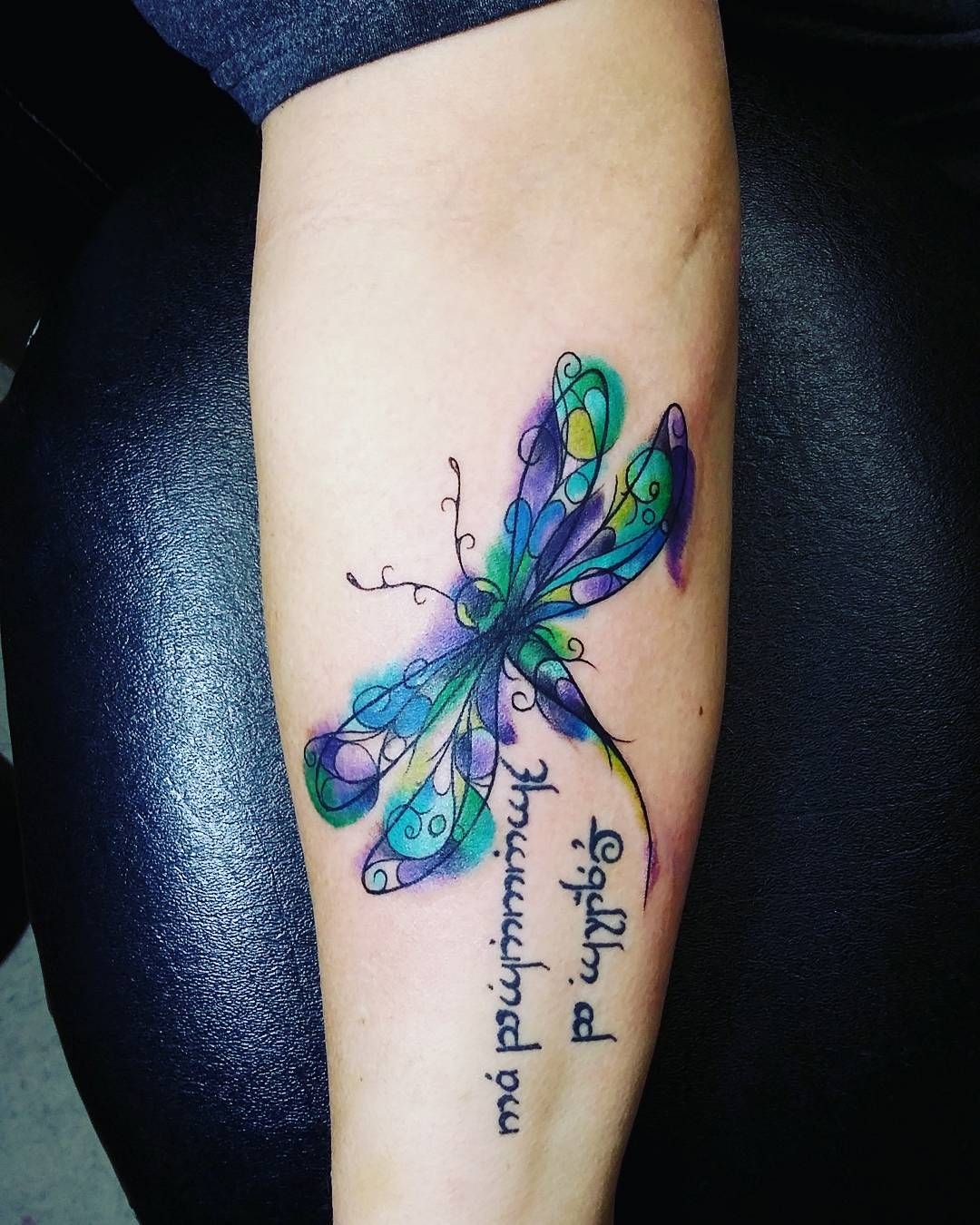 Neon Butterfly And Quotes Upper Forearm Tattoo Watercolor Dragonfly