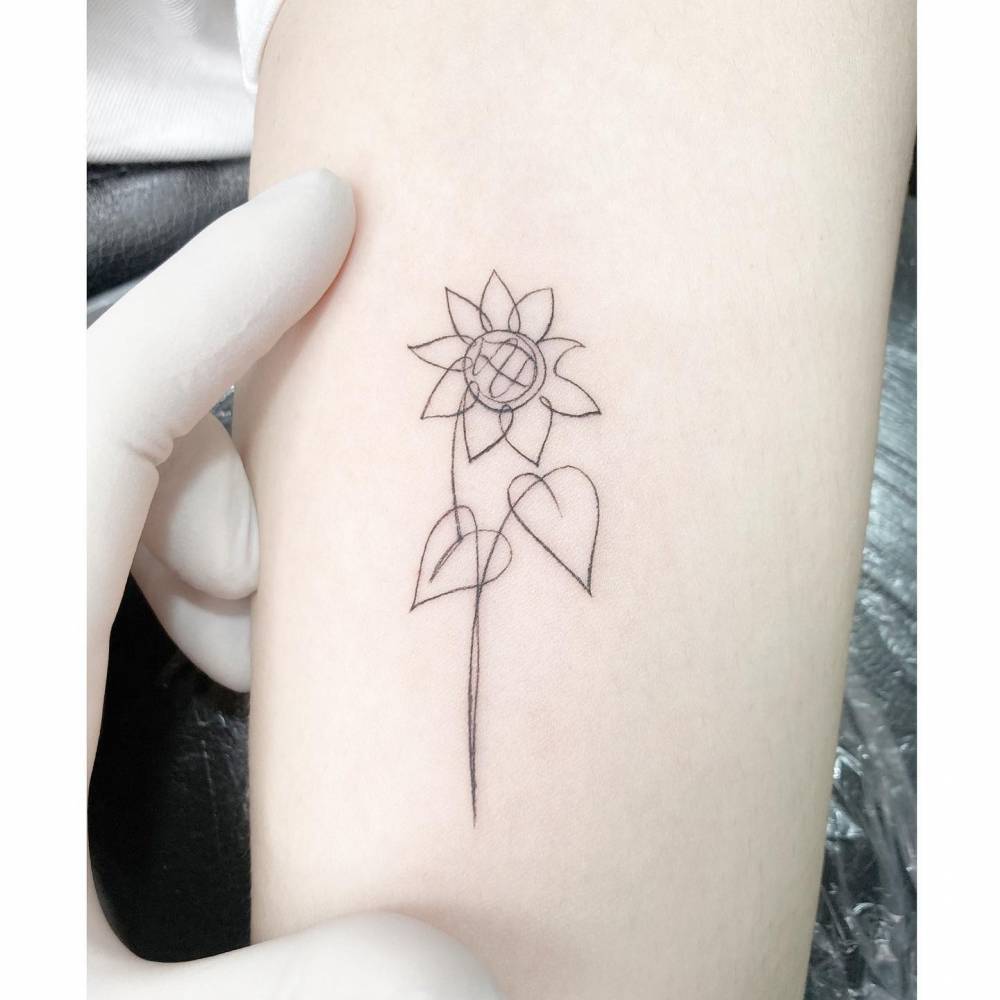 One Line Sunflower Tattoo Placed On The Inner Arm