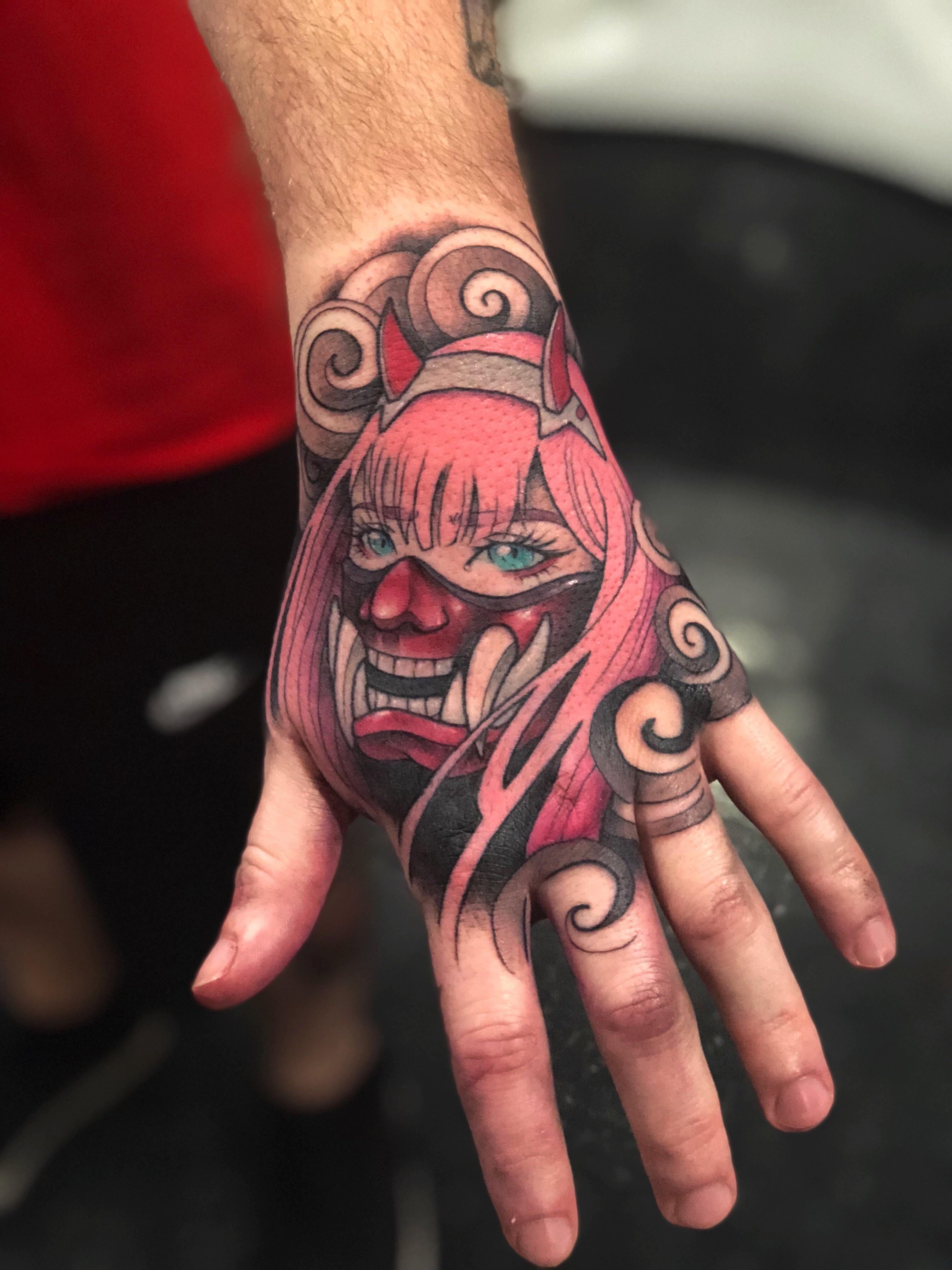 Oni Mask Tattoo Hand Lanell Shumate