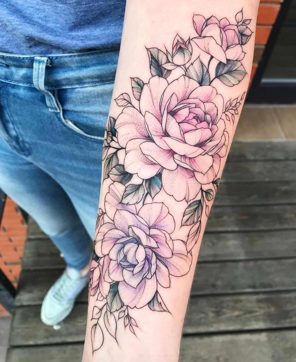 Peonies Flowers Sleeve Arm Tattoo Fine Line Pretty