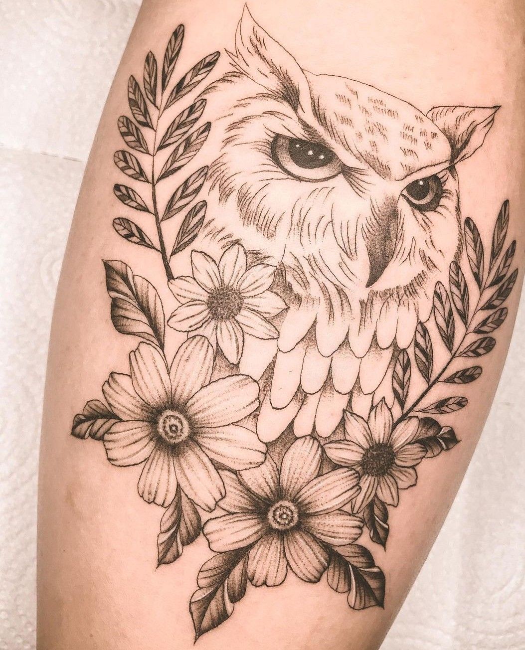 Pin On Tattoos Owl Thigh Tattoos Tattoos For Women Black And White