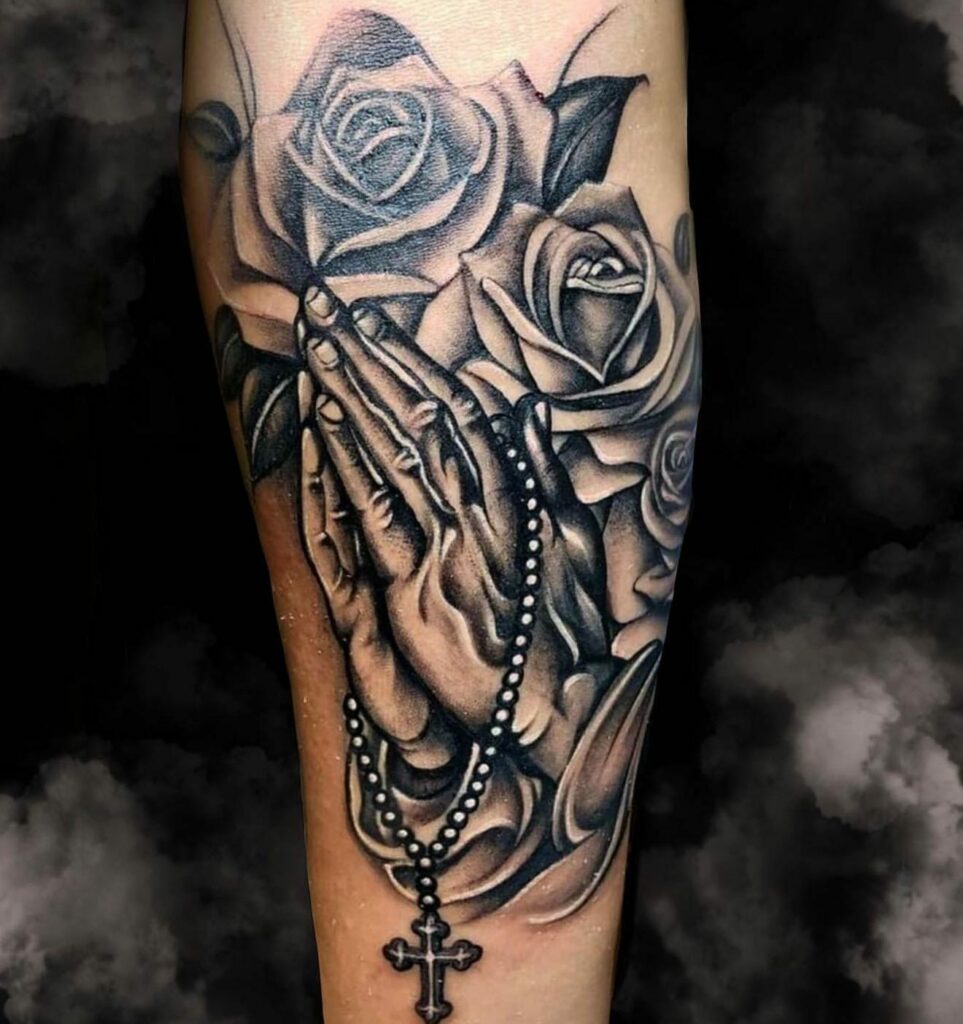 Praying Hand Tattoo On Forearm Grey Ink Rosary Cross In Praying Hand Forearm Tattoos Hand