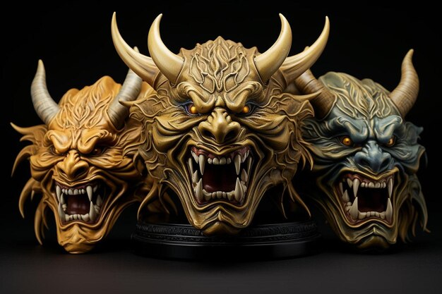 Premium Ai Image Three Scary Oni Masks