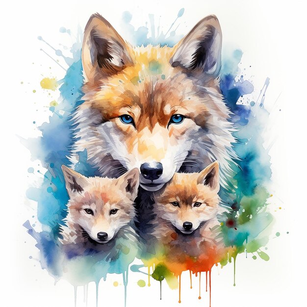 Premium Ai Image Watercolor Wolf And Cubs Tattoo Design