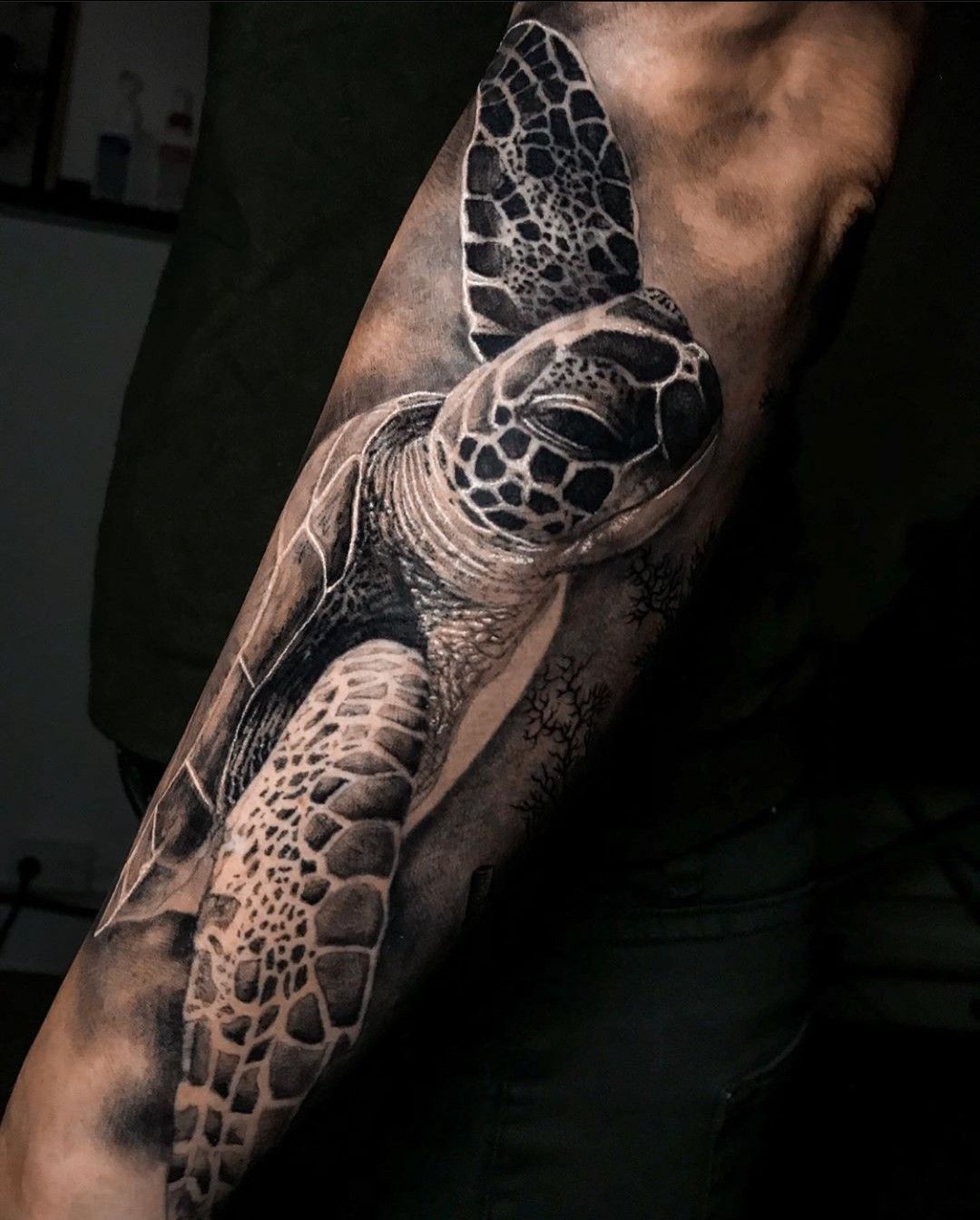 Realistic Black And Gray Simple Sea Turtle Tattoo Beautiful On Forearm Sea Turtle Tattoo