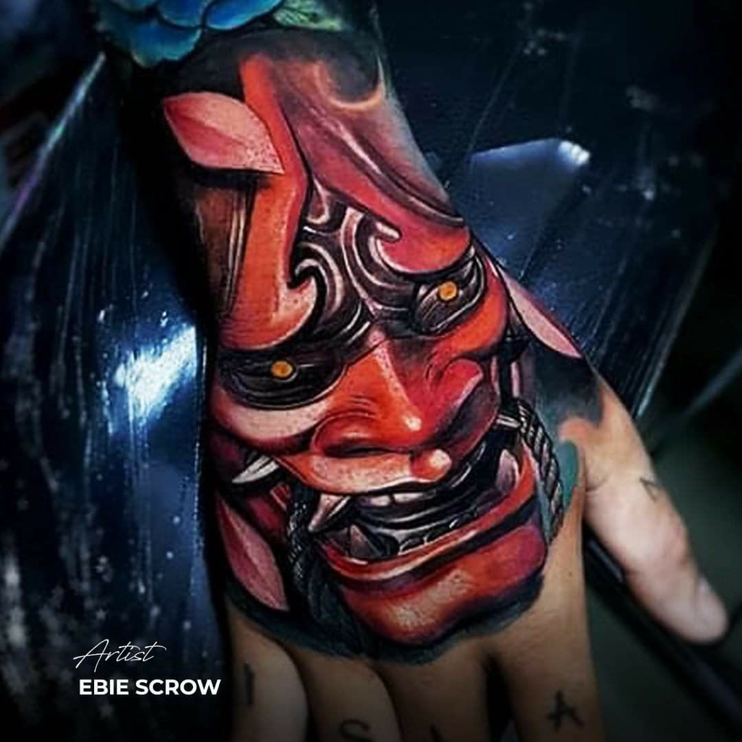 Red Oni Mask Hand Tattoo Celebrity Ink Hand Tattoos Hand Tattoos For