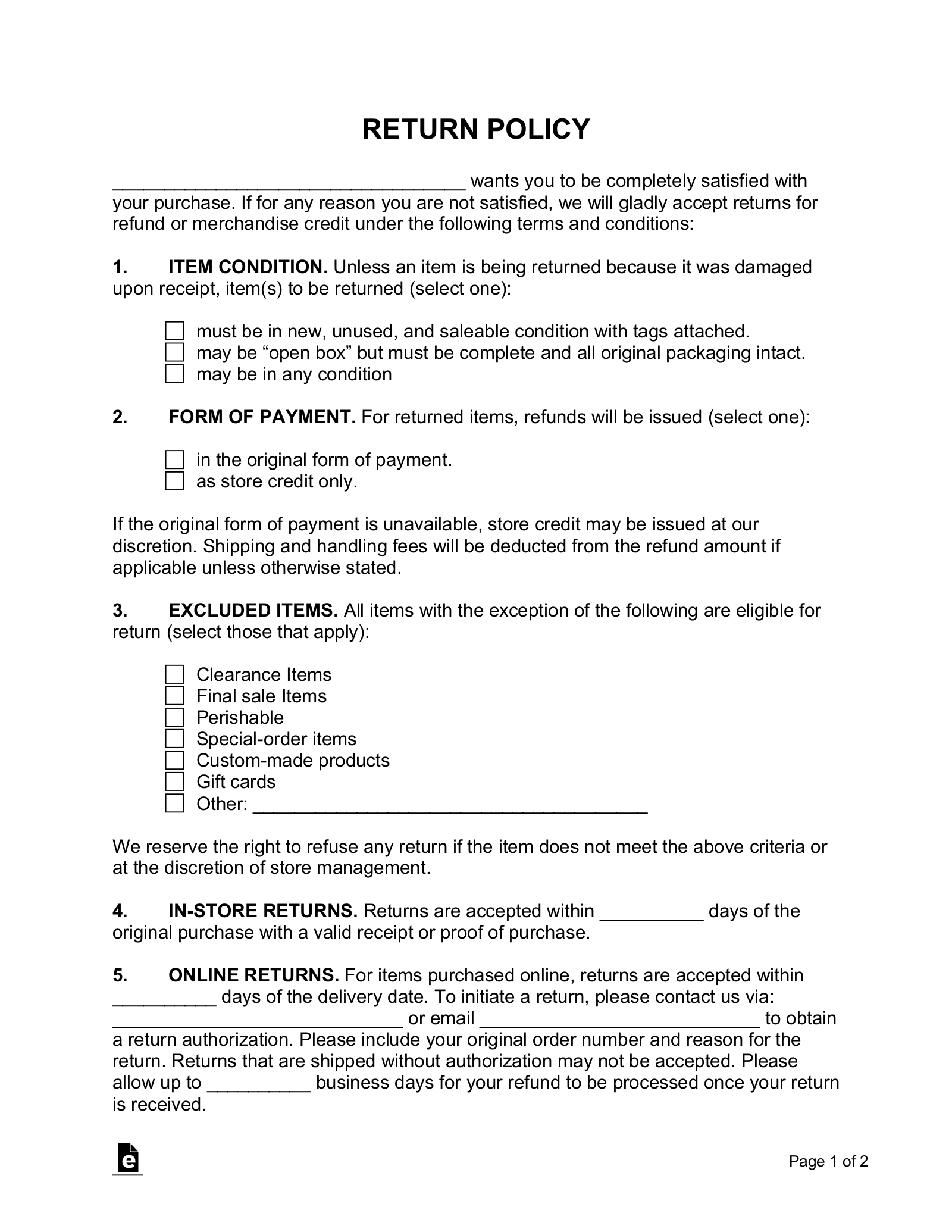 Return Policy Template Free With Examples Guide Termly