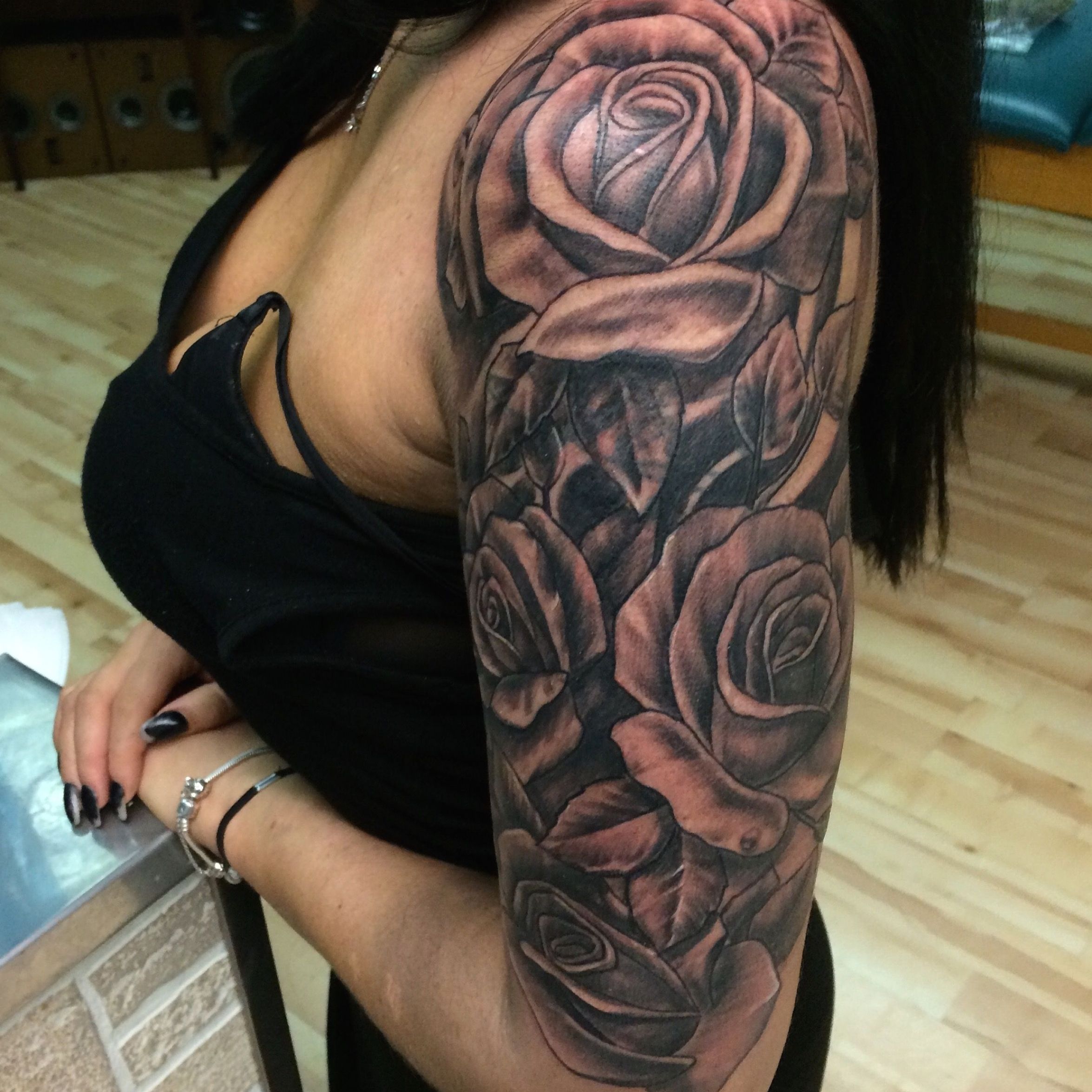 Rose Theme Sleeve Finished At 2720 Tattoo Toledo Ohio Mens Full Sleeve