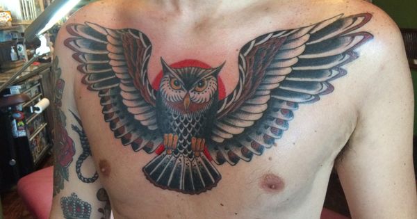 Ryan Cooper Thompson American Traditional Owl Chest Tattoo Owls Color