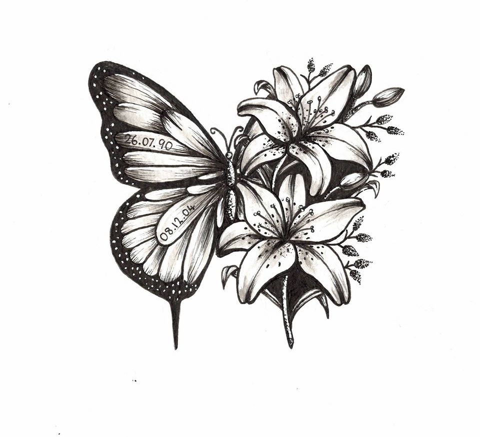 Sarah Pen And Ink Butterfly And Lilies Tattoo Design Artofit