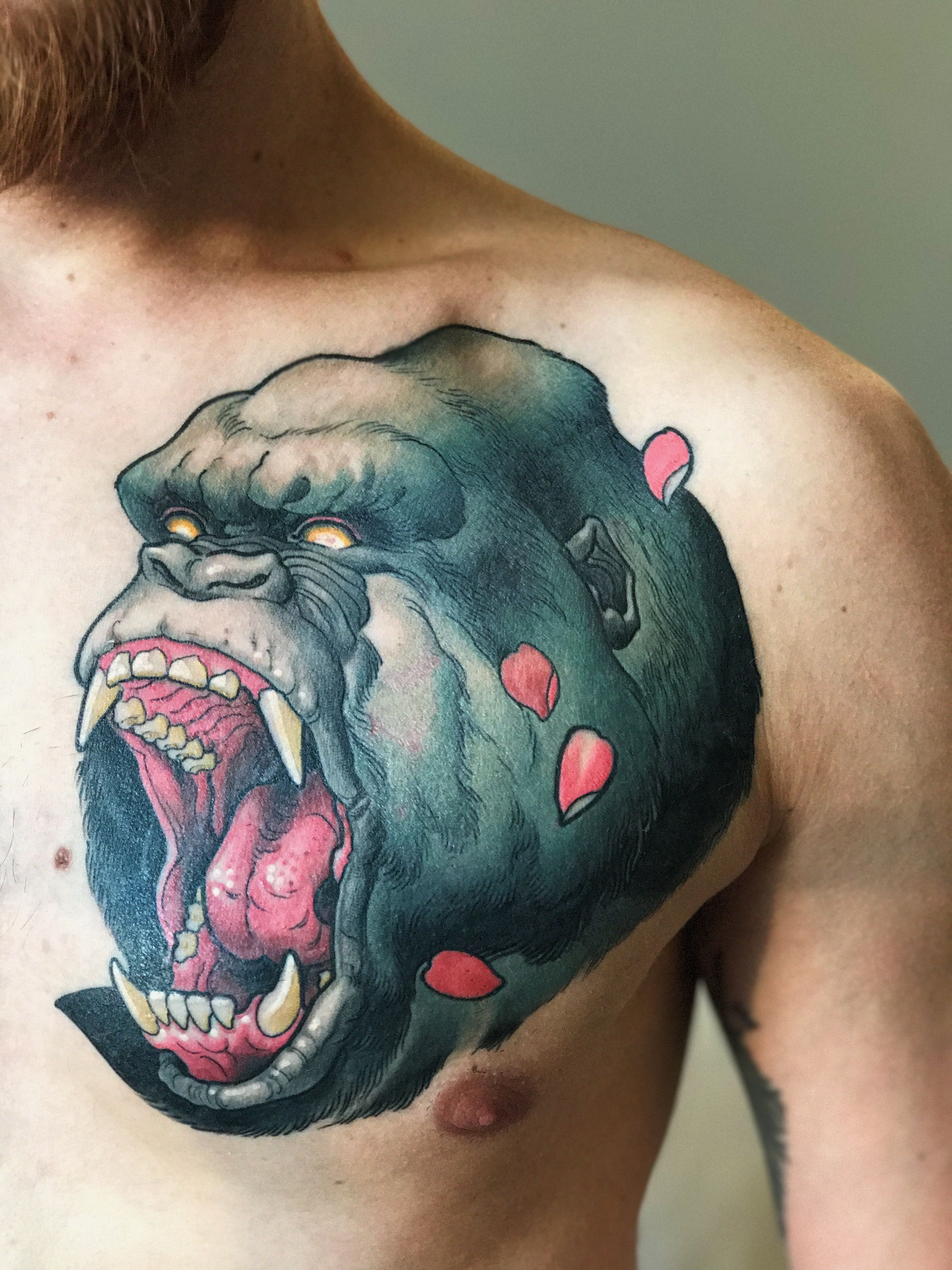 Screaming Gorilla Chestpiece Chad Lenjer Black Metal Tattoo