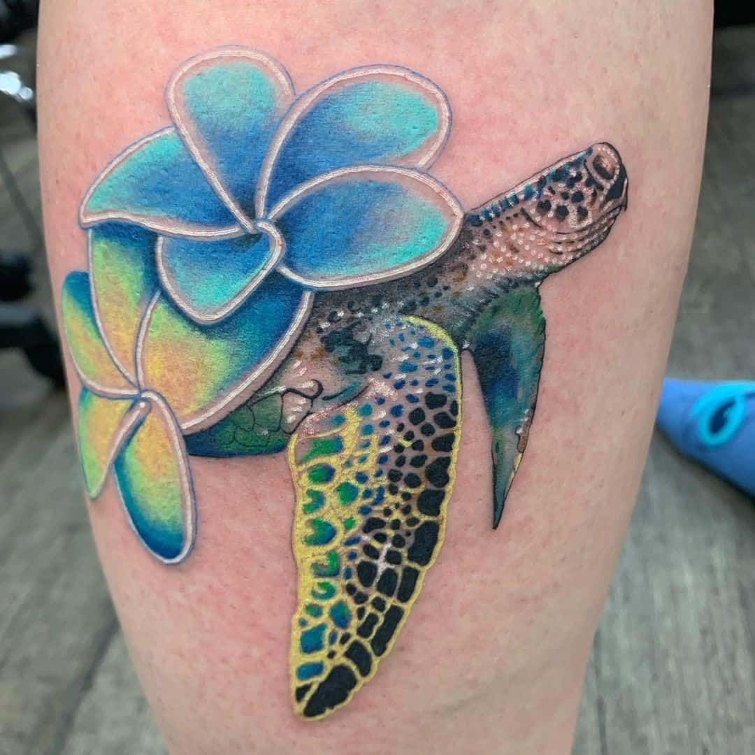 Sea Turtle Tattoo With A Flower Anklet Tattoos Bff Tattoos Tatoos