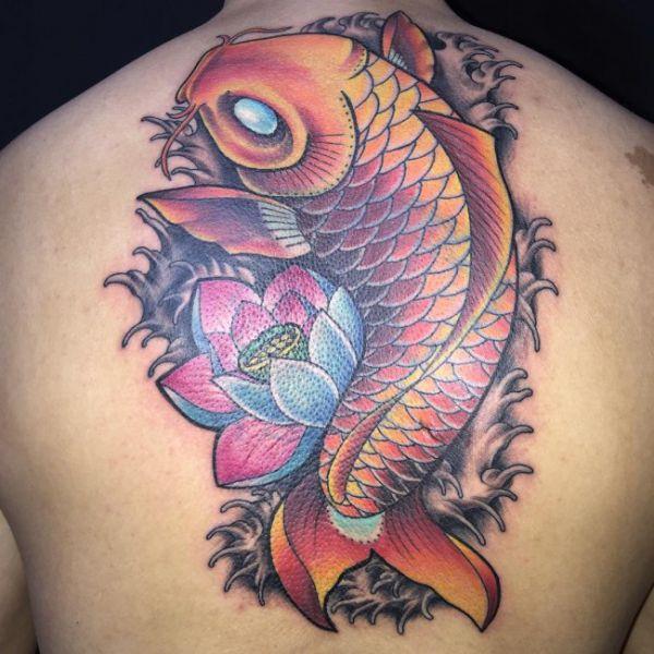 Shoulder Colored Koi Fish Tattoo Design Under Asia