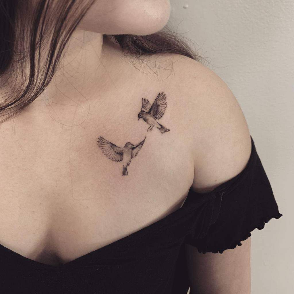 Single Needle Birds On A Branch Tattoo Located On The