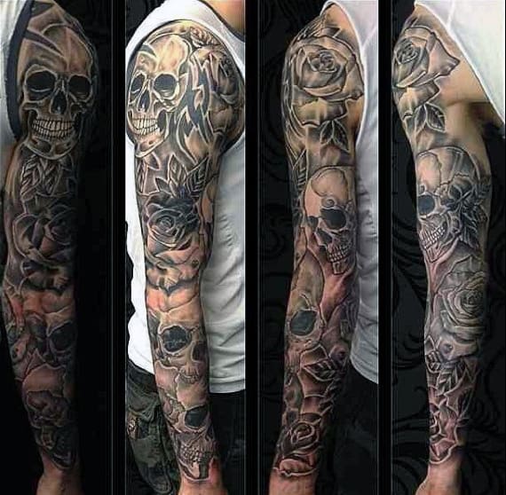 Skull And Roses Shoulder Tattoo Design Skull Sleeve Tattoos Skull Rose Tattoos Skull Tattoo