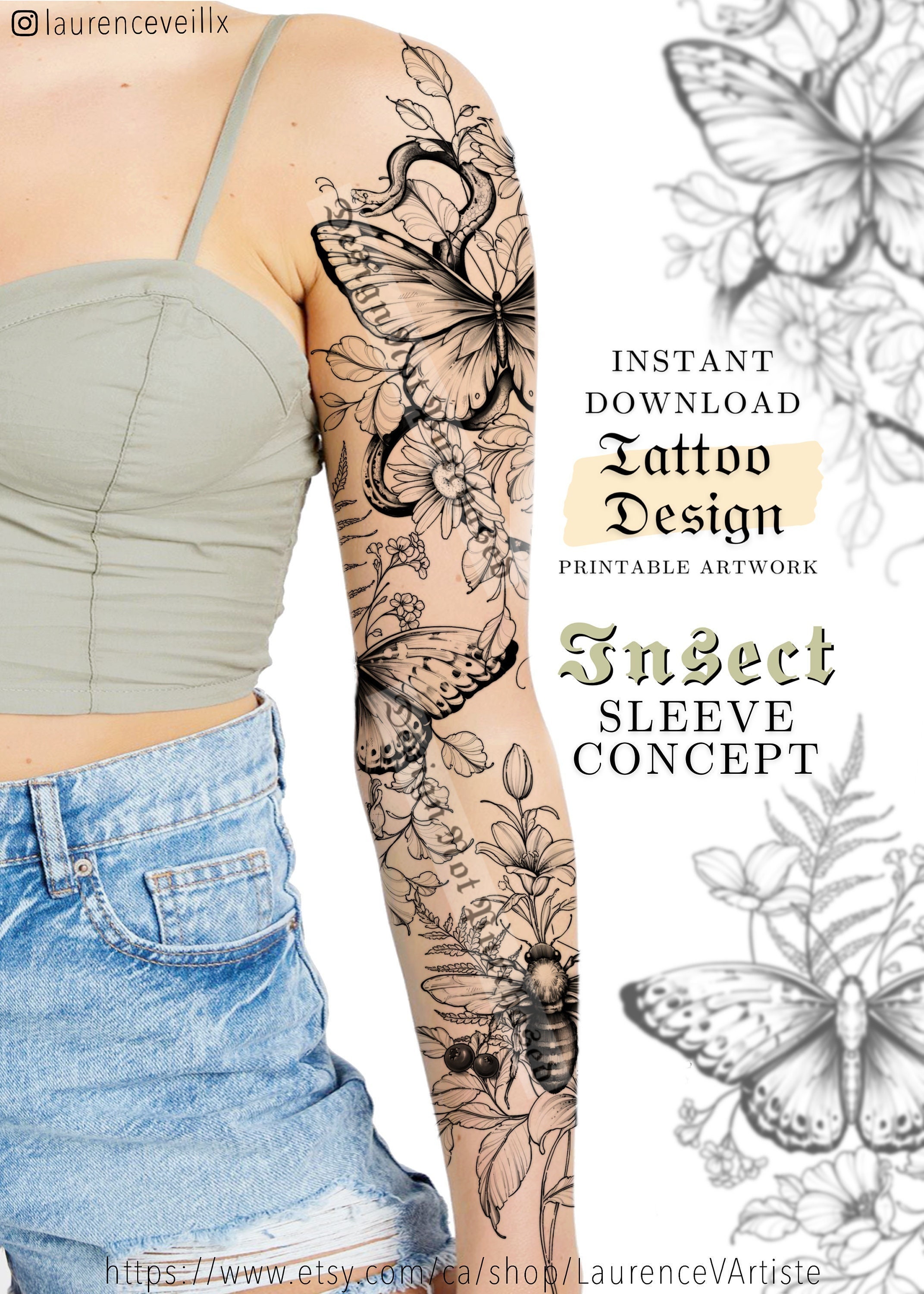 Sleeve Tattoo Design For Women Tattoo Drawing Stencil Etsy