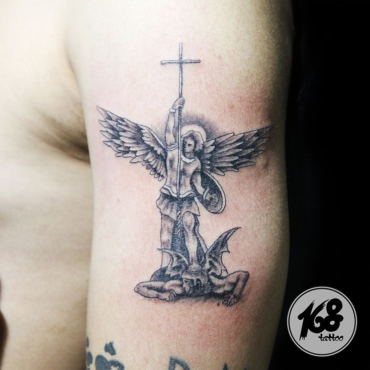 St Michael Tattoo Black And Grey Archangel Tattoo Tattoos For Guys Arm Tattoos For Guys