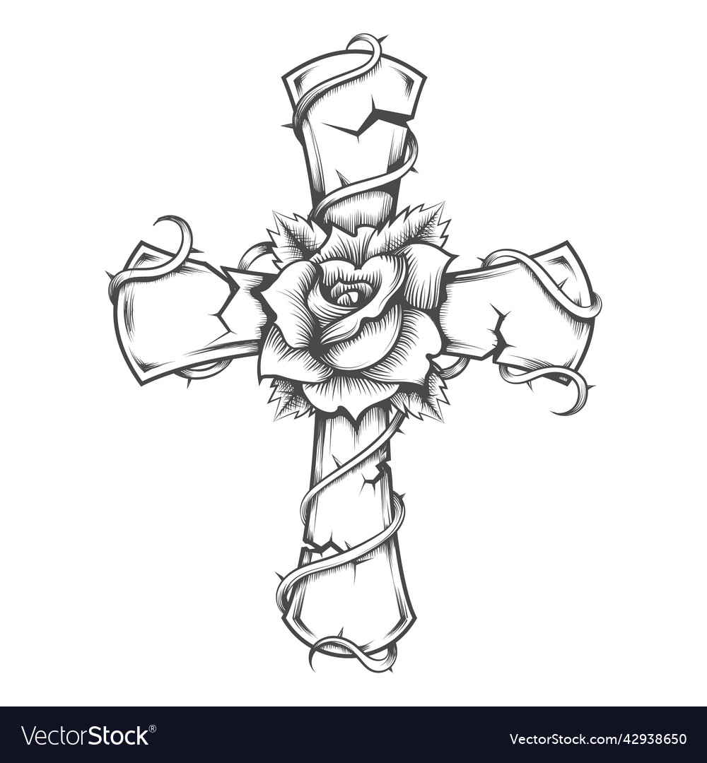 Stone Cross And Rose Tattoo