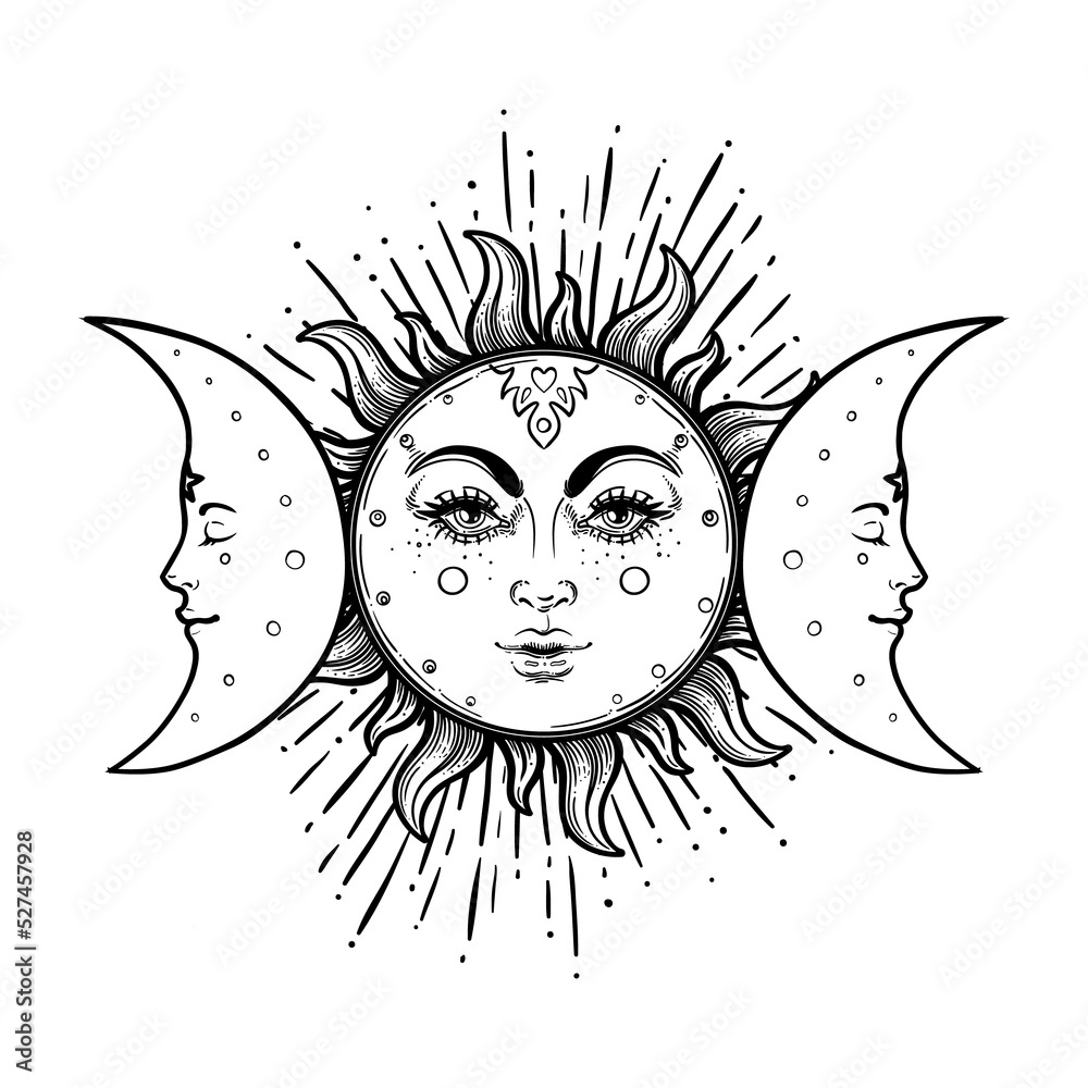 Sun And Triple Moon Pagan Wicca Moon Goddess Symbol Three Faced