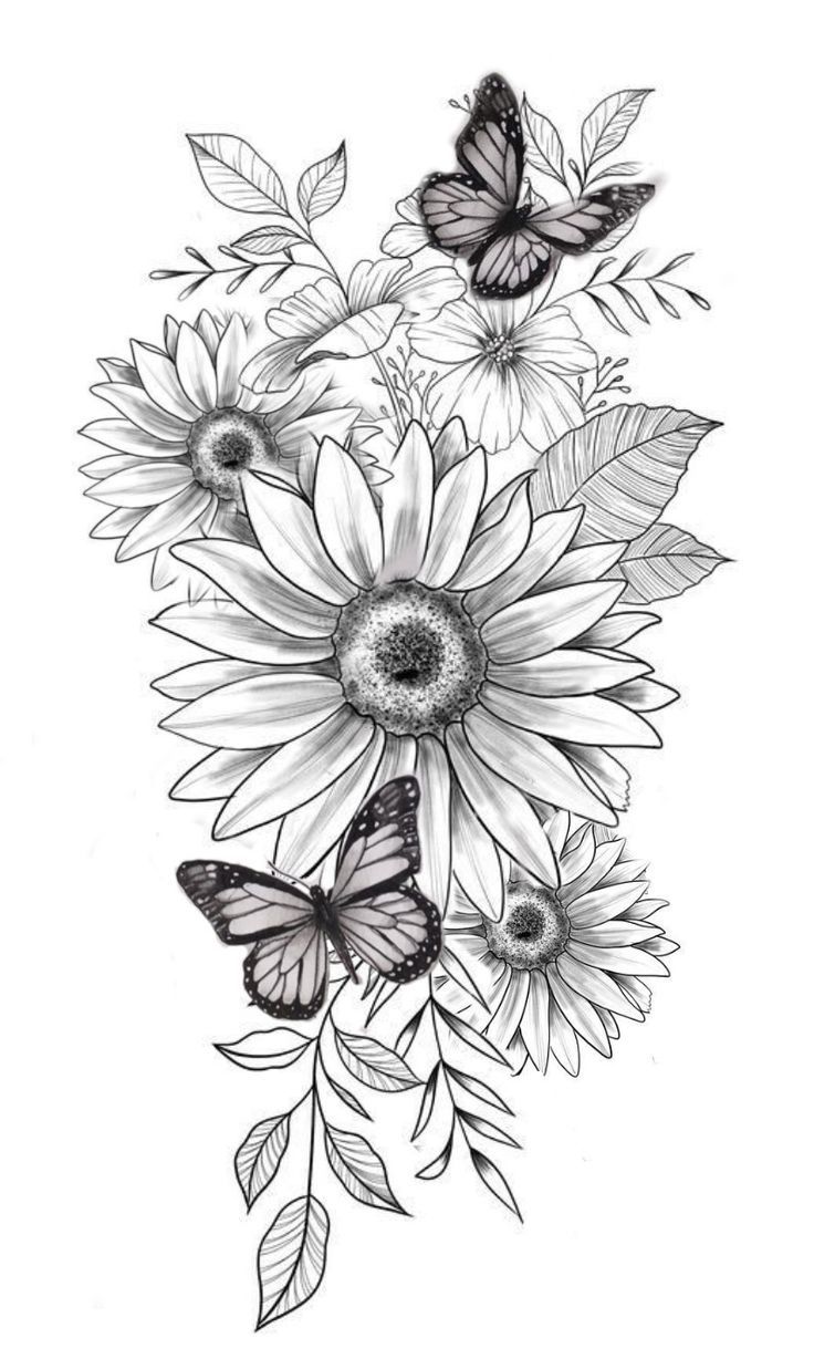 Sunflower And Butterfly Tattoo Drawing