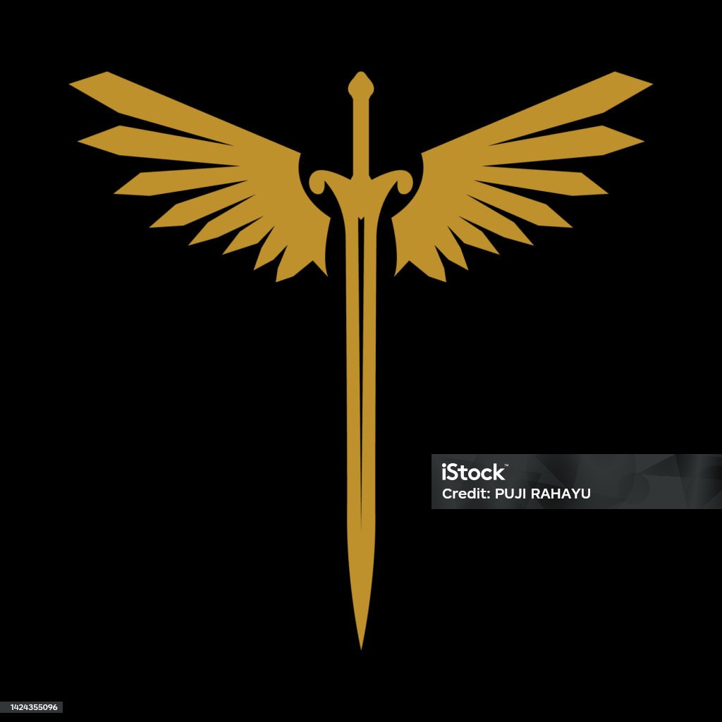 Sword With Wings Golden Sword Symbol On Black Background Stock Vector