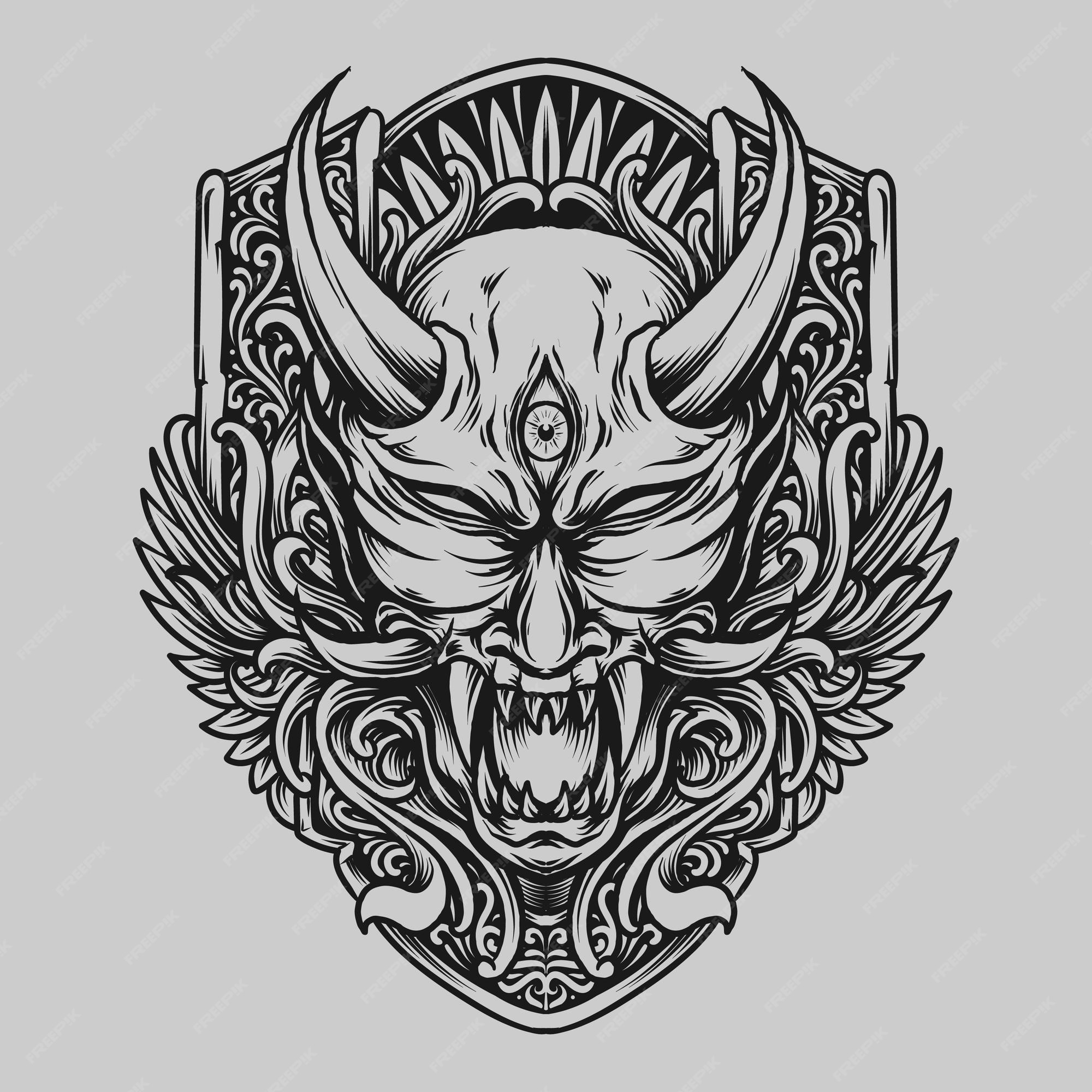 Tattoo And T Shirt Design Black And White Hand Drawn Oni Mask Engraving Ornament Stock Vector