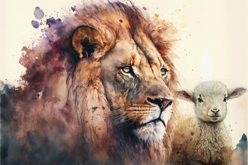 The Lion And The Lamb In Watercolor Illustration Stock Illustration