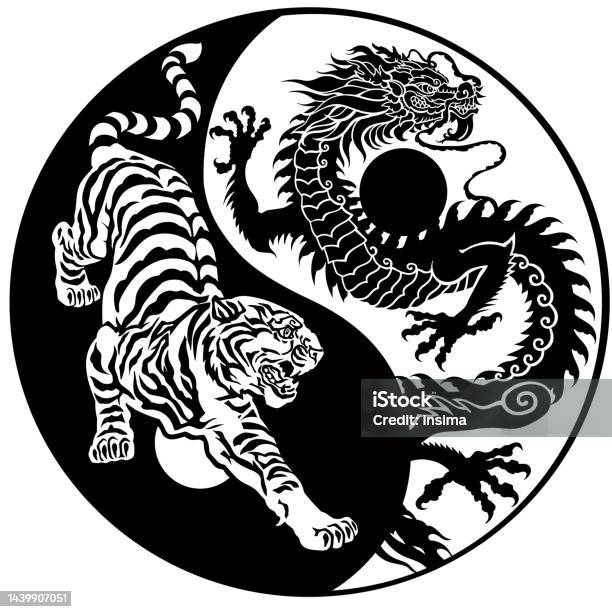 Tiger And Dragon Silhouette Yin Yang Tattoo Stock Illustration