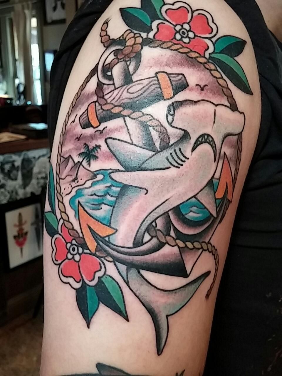 Traditional Hammerhead Shark With Anchor And Landscape By Adam Craven