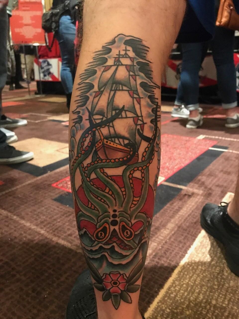 Traditional Kraken And Clipper Ship Done By Troy Clements Olde Line Ink At The Ballys Tattoo