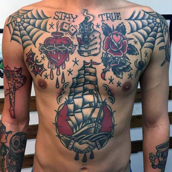 Traditional Sacred Heart Chest Piece Tattoos