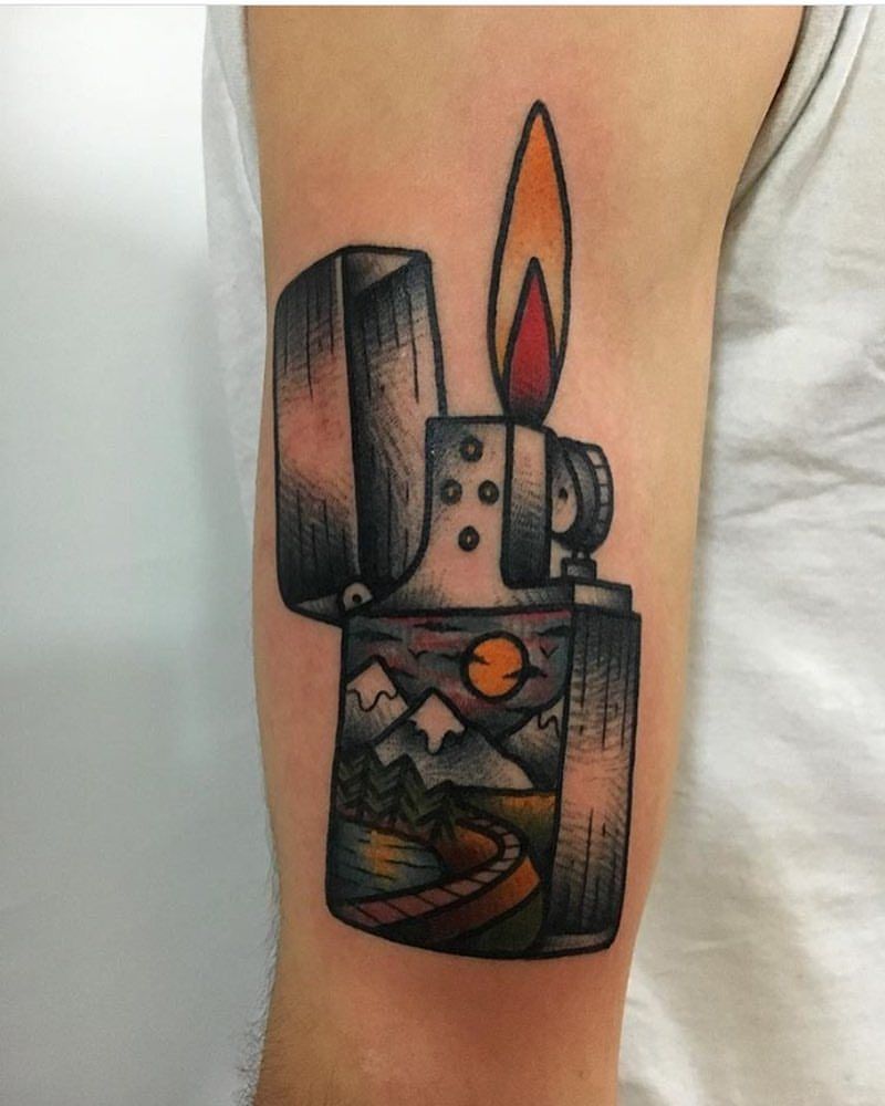 Traditional Style Zippo Lighter Tattoo On The Left Arm By Jeroen Van