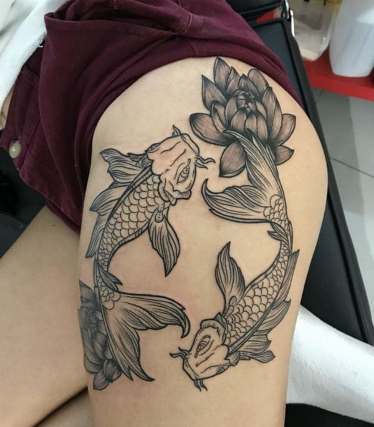 Two Koi Fish Tattoo On The Thigh Tattoogrid Net