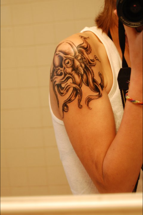 Unfinished Octopus On Left Shoulder Done By Phil Pucca Of Bad Azz