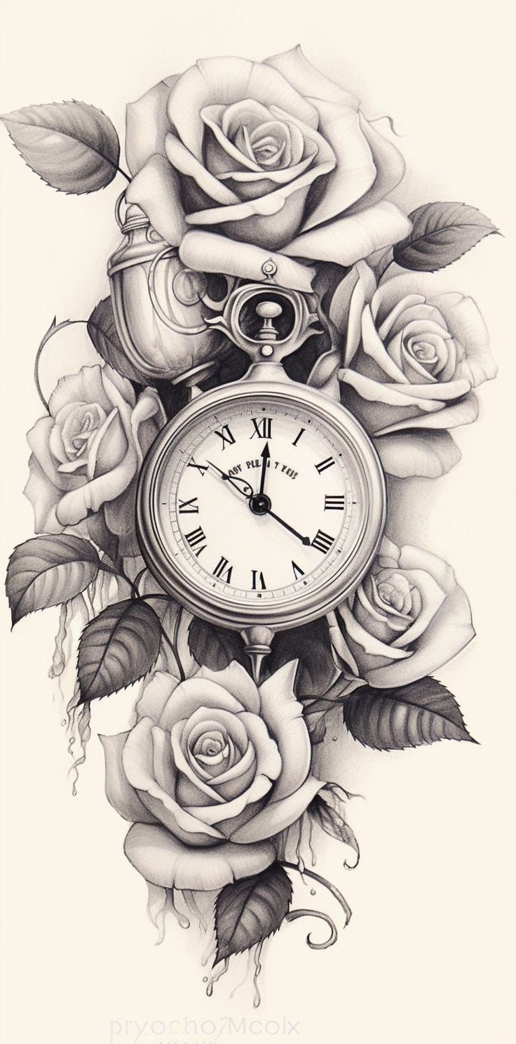 Vintage Clock Surrounded By Roses Etsy Canada Clock And Rose Tattoo