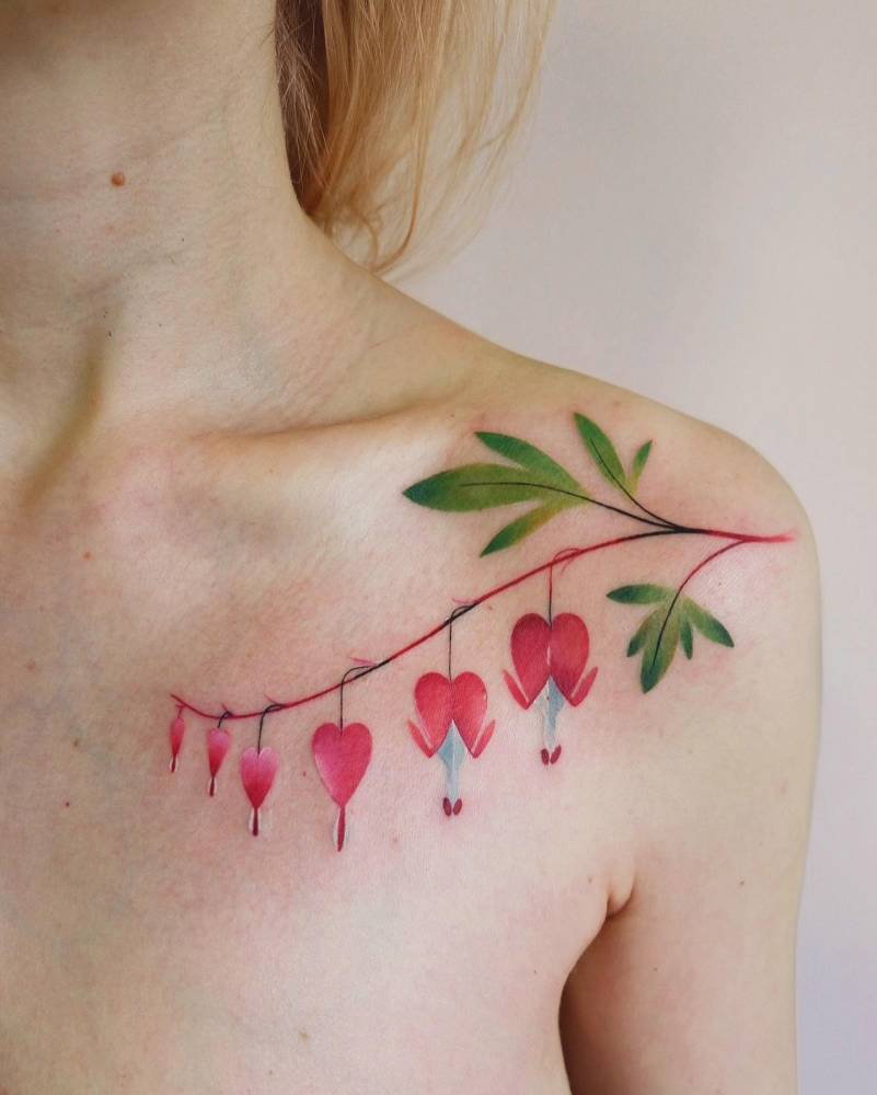 Watercolor Style Bleeding Heart Flower Tattoo Done On